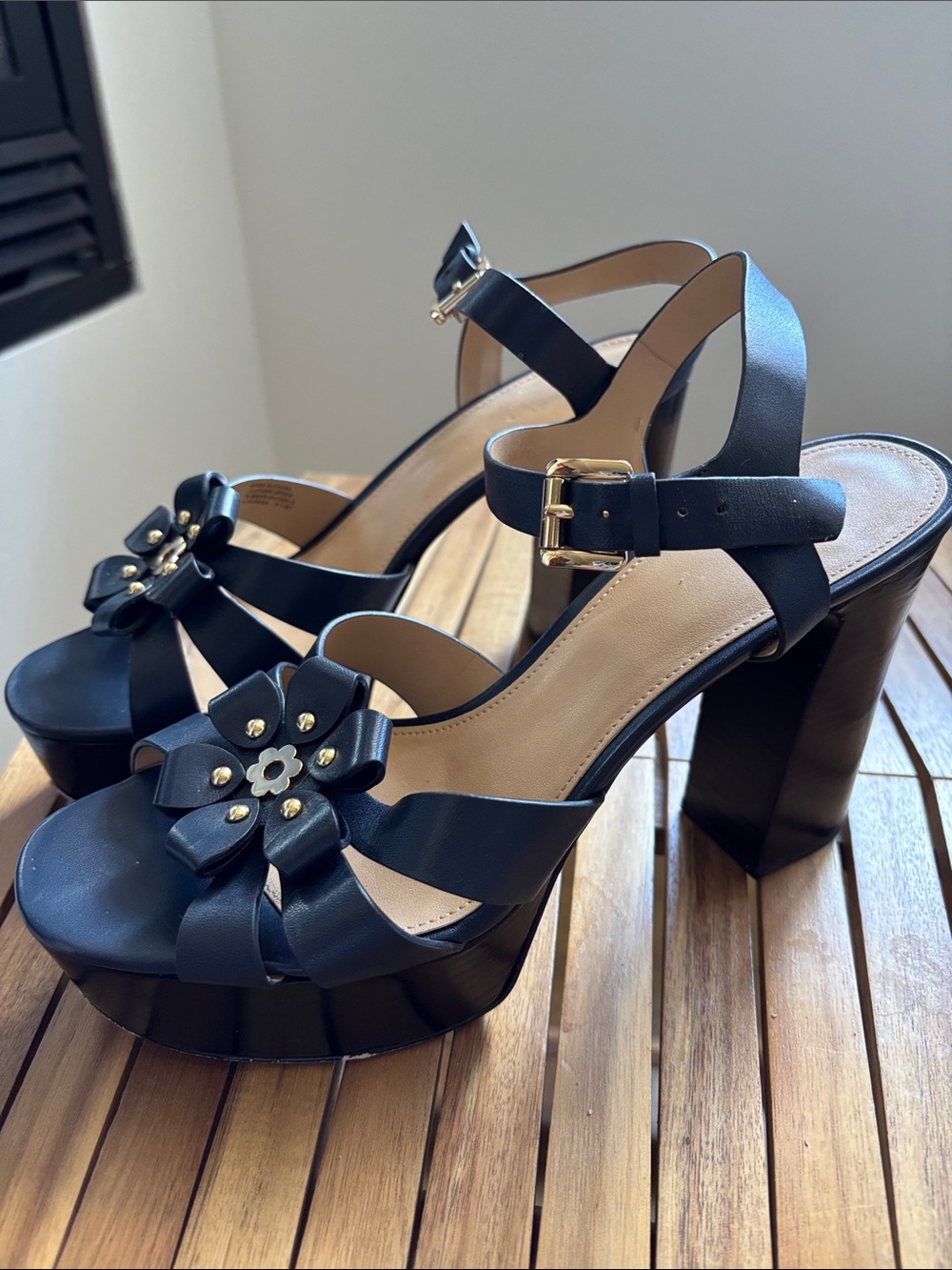 Dark Blue Floral Platform High Heel Sandals - Women